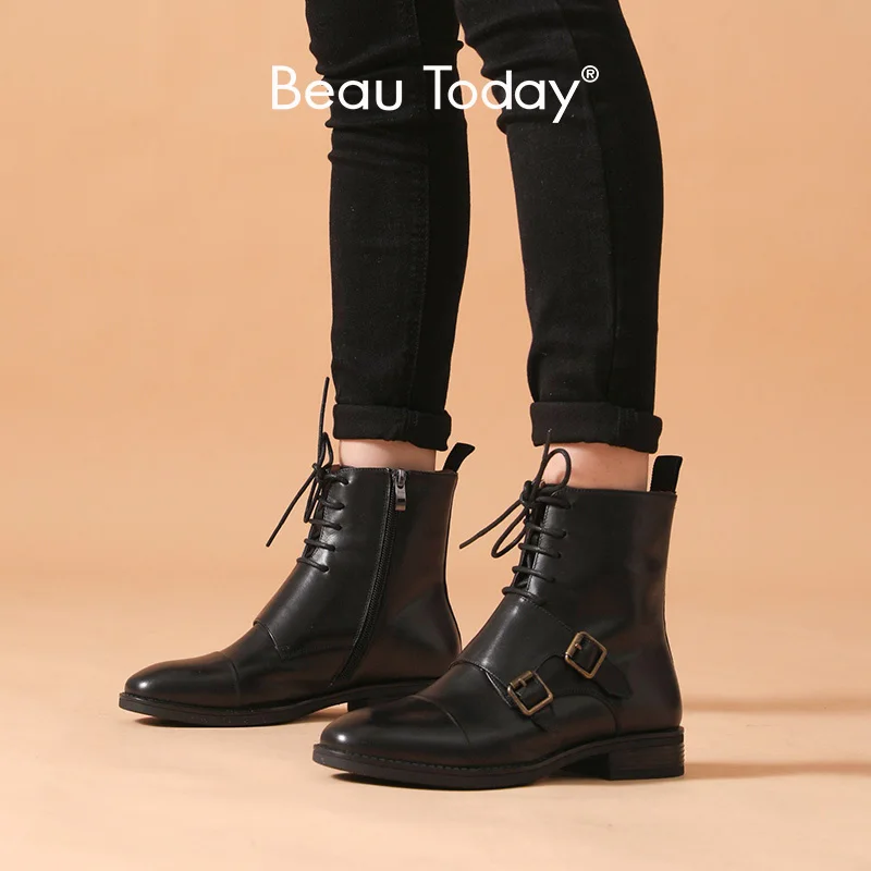 Женские мотоциклетные ботинки BeauToday ботильоны из телячьей кожи на молнии с