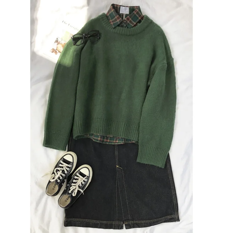 

Winter Coat Women Knitted Sweater British Style O-neck Green Warm Cashmere Kawaii Plaid Pullover Sweater Fashion New Sweaters