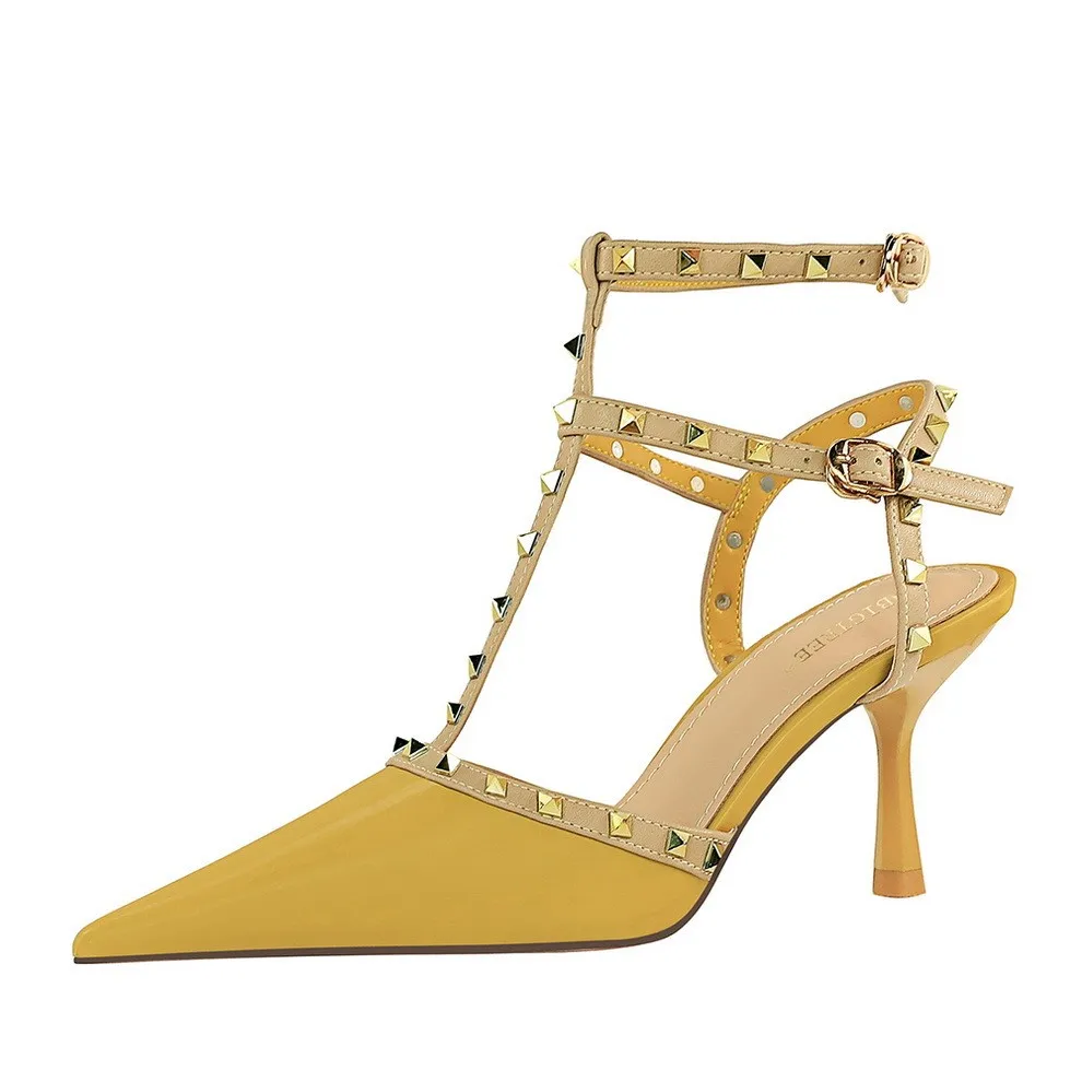 

2021 Summer Women Fetish High Heels Rivets Studded Sandals Lady Sandles Stiletto Green Heels Gladiator Pumps Stripper Shoes