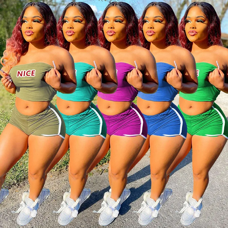 

Letter Print Tube Top Shorts Tracksuit For Women Strapless Shirt Shorts 2 Piece Set Casual Jogging Fitness GYM Streetwear Suit