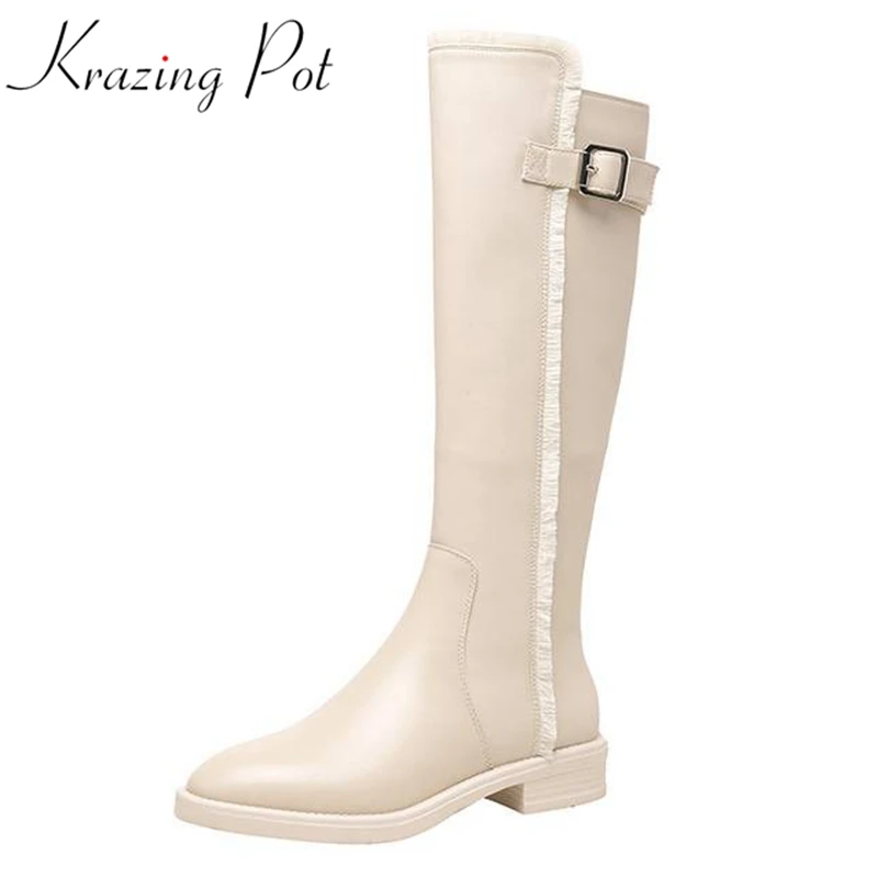 

Krazing Pot cow leather equestrian boots beige low heels round toe warm winter square metal button zipper beauty knee-high boots