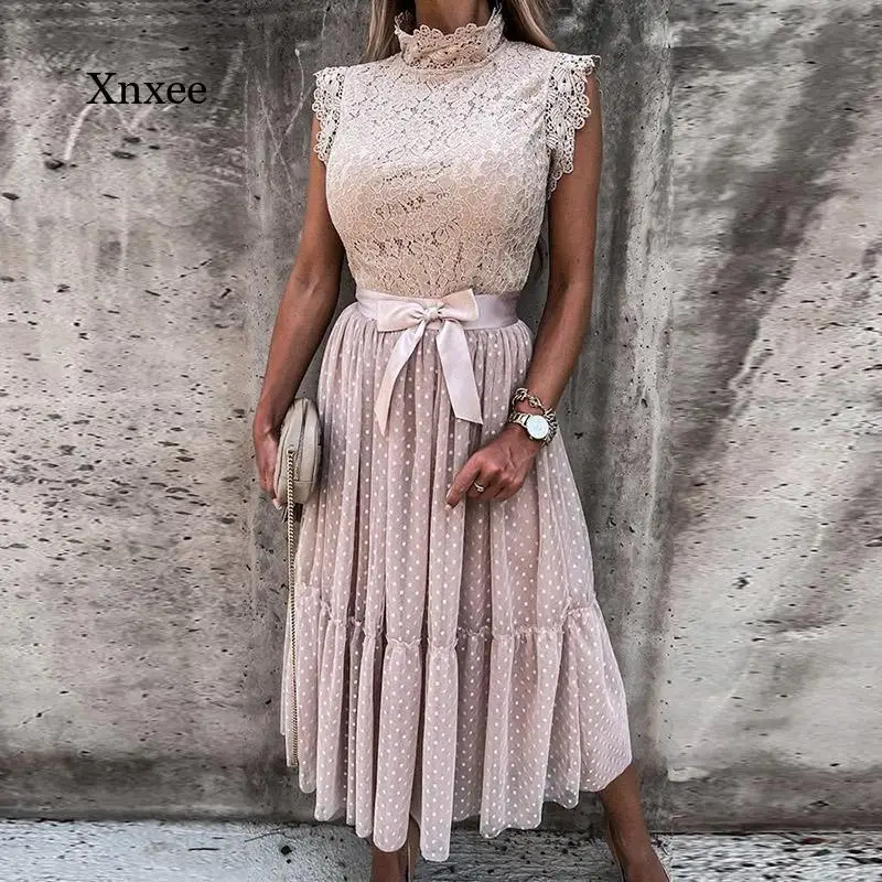 

Ladies Elegant Waist Bow Knot Pleated Party Fashion High Neck Lace Dress Casual Sleeveless Stitching Polka Dot Dress