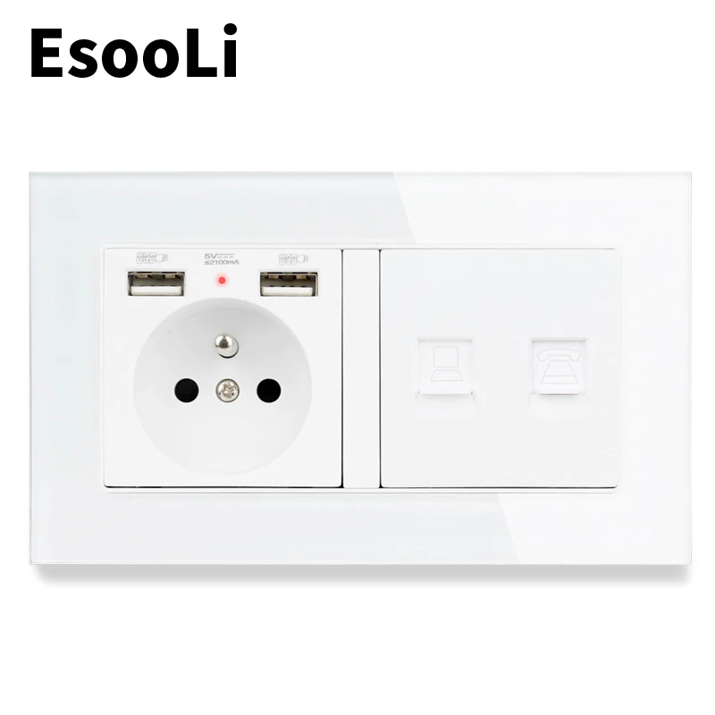 

EsooLi Glass Panel French Standard Socket with 2 USB Charge Port + RJ45 Internet Jack and RJ11 2 Core Telephone Connector