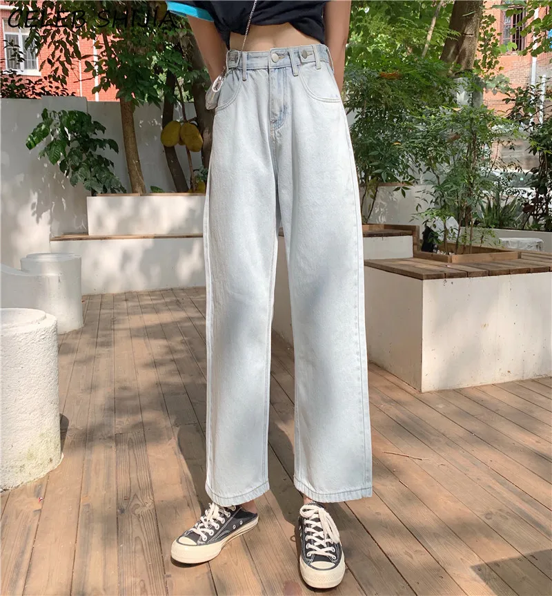 

Light Blue Boyfriend Jeans for Woman High Waist Straight Denim Trousers Female Black Korean Streetwear Long Jeans Woman Summer