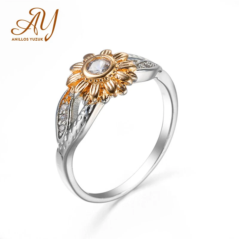 Женское кольцо с фианитом Anillos Yuzuk обручальное серебряного цвета подсолнухами и