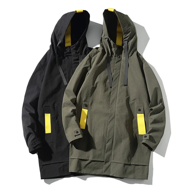 Мужская куртка осенняя новая тонкая длинная с капюшоном однотонная повседневная