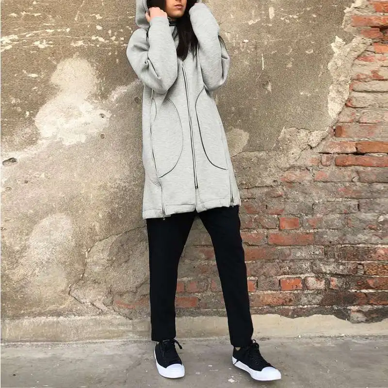 Light Grey ZANZEA/Новинка года; Модные женские толстовки с капюшоном; осенние толстовки с капюшоном и длинными рукавами; куртки; пальто; большие размеры; Повседневная Верхняя одежда на молнии; 5XL - Цвет: Light Grey