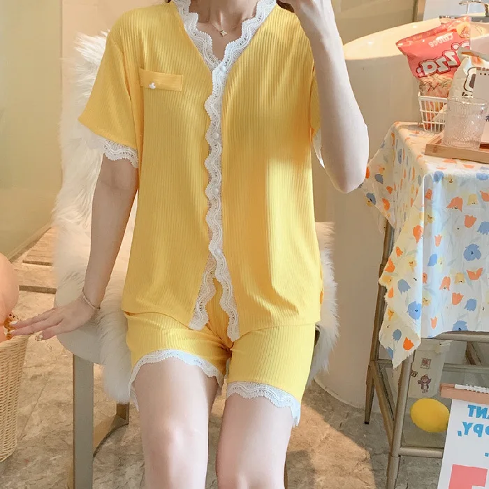 

Lace Women Pajamas Suit Patchwork Cotoon Short Sleeve Sleep Set Nightwear Intimate Lingerie V-Neck Gray Sleepwear Home Clothing