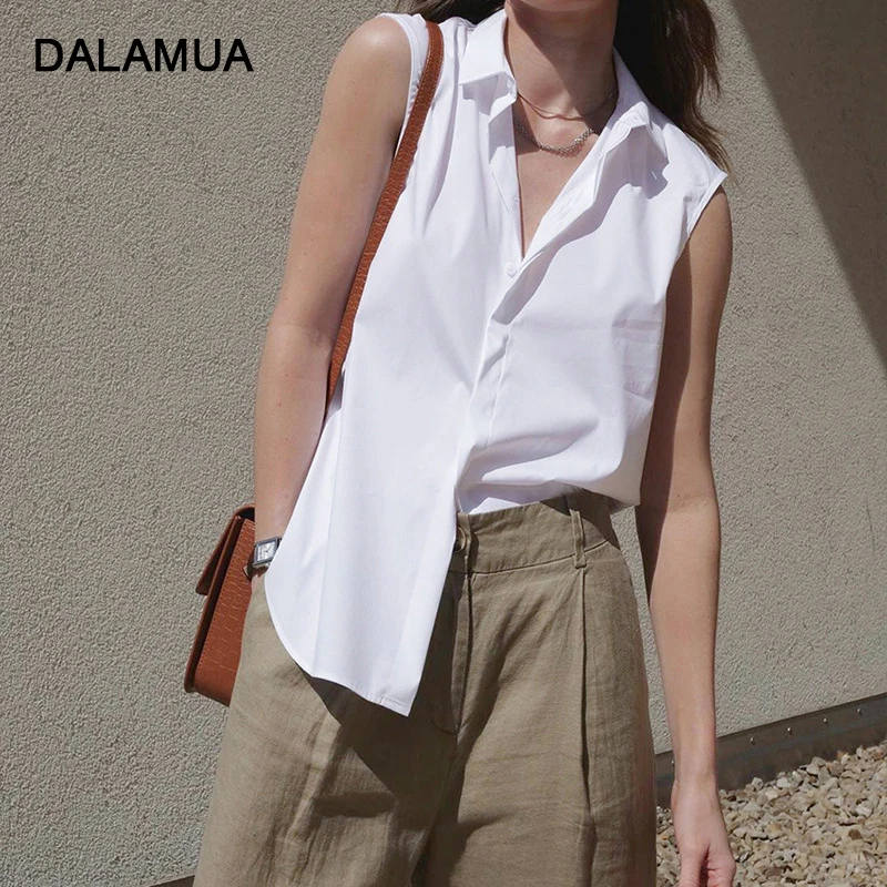 

Women Shirt 2021 Summer Sleeveless Solid White Single Breasted Office Lady Top Loose Casual Fashion Vintage Female Shirts Blouse