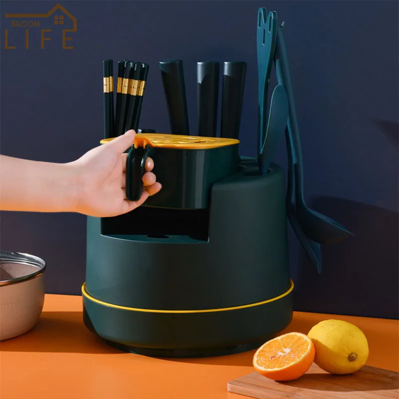 

Rotating Kitchen Shelf Knife Fork Tableware Stand Seasoning Box Holder Multifunction Organizer Spoon Spatula Storage Accessories
