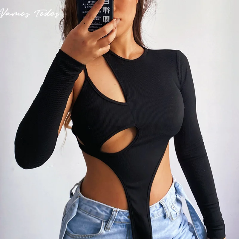 

Hollow Out Slim Fit Bodysuit Top Irregularity Long Sleeve Bodysuit Black Sexy Knitted Overalls for Women 2021 Autumn Vamos Todos