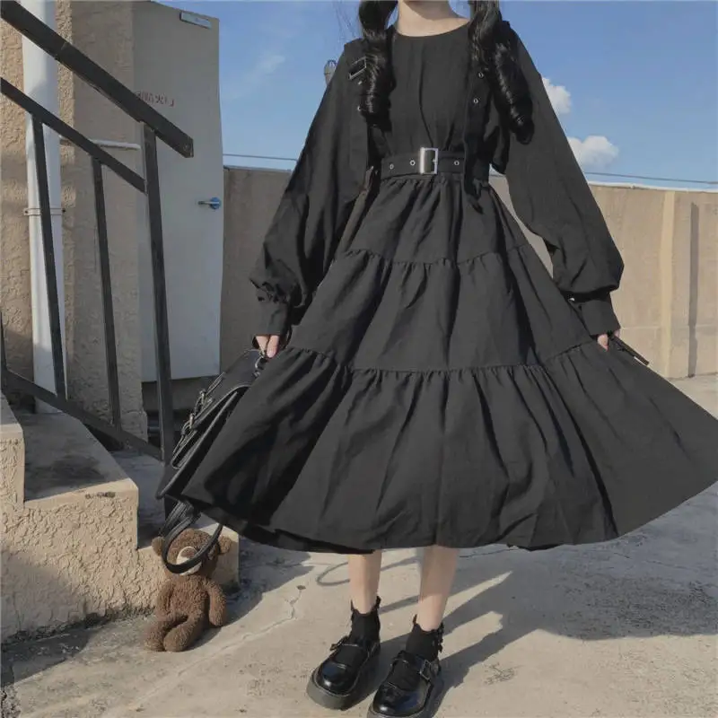 

Women Long Sleeve Dress Students Kawaii Preppy Style Loose Solid Black Streetwear Ulzzang All-match A-line High Waist Trendy Ins