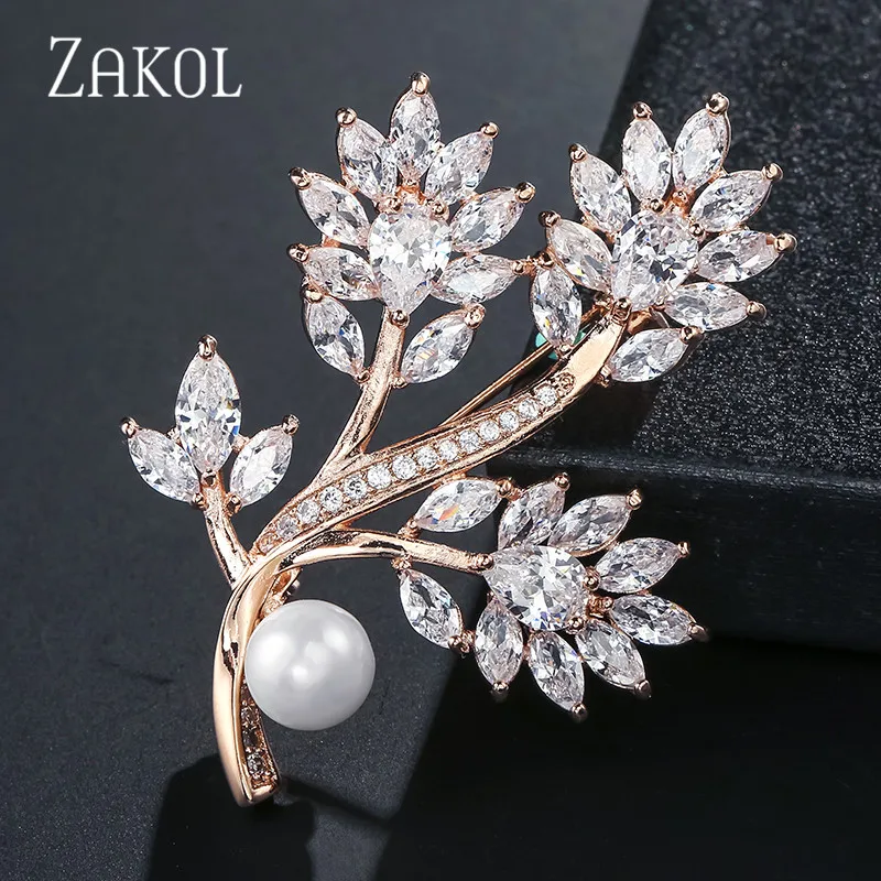 ZAKOL Модные женские броши в форме листа инкрустированные кристаллами циркония