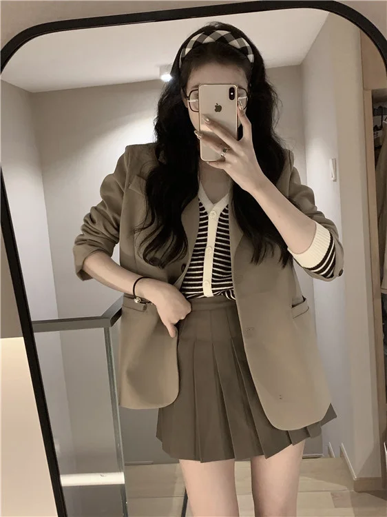 Кофейный повседневный костюм пальто женский новый корейский свободный с длинным