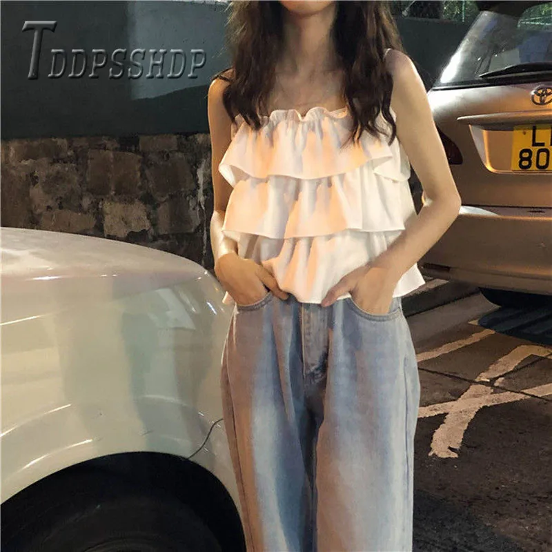 

2019 Summer New Ruffles Sweet Women Camisole Cupcake Style Female Camis