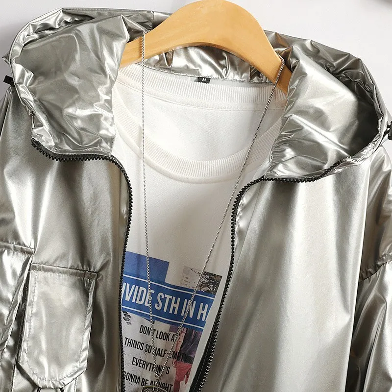 Мужская свободная куртка в стиле хип-хоп серебристая Повседневная с несколькими