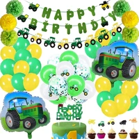 green farm tractor theme party decoration excavator vehicle happy birthday banner garland cupcake topper 1st 2 party decoration