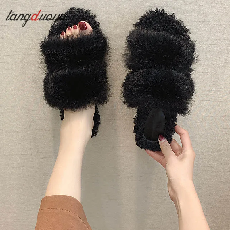Домашние пушистые женские шлепанцы женская пушистая плюшевая обувь Вьетнамки