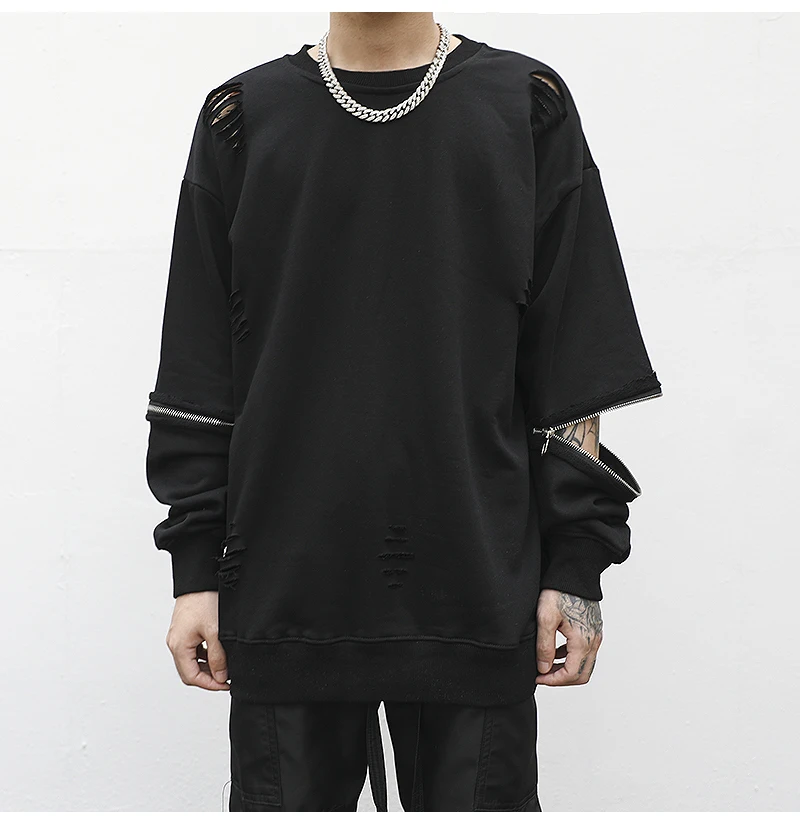

Men's Casual Coat European And American Street Style Damaged Zipper Cotton Wool Ring Hip Hop Plain Full Matching Trend Pullover