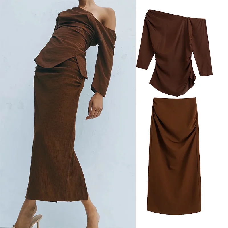 

Za suit 2021 Women's Autumn Fashion Asymmetry Sexy top Female Vintage office Pleated straight Midi Skirt two piece Casual sets