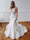 Многослойная юбка с оборками, кружевное свадебное платье-Русалка, платье с открытой спиной и глубоким V-образным вырезом, многоярусные Свадебные платья 2019, современный дизайн