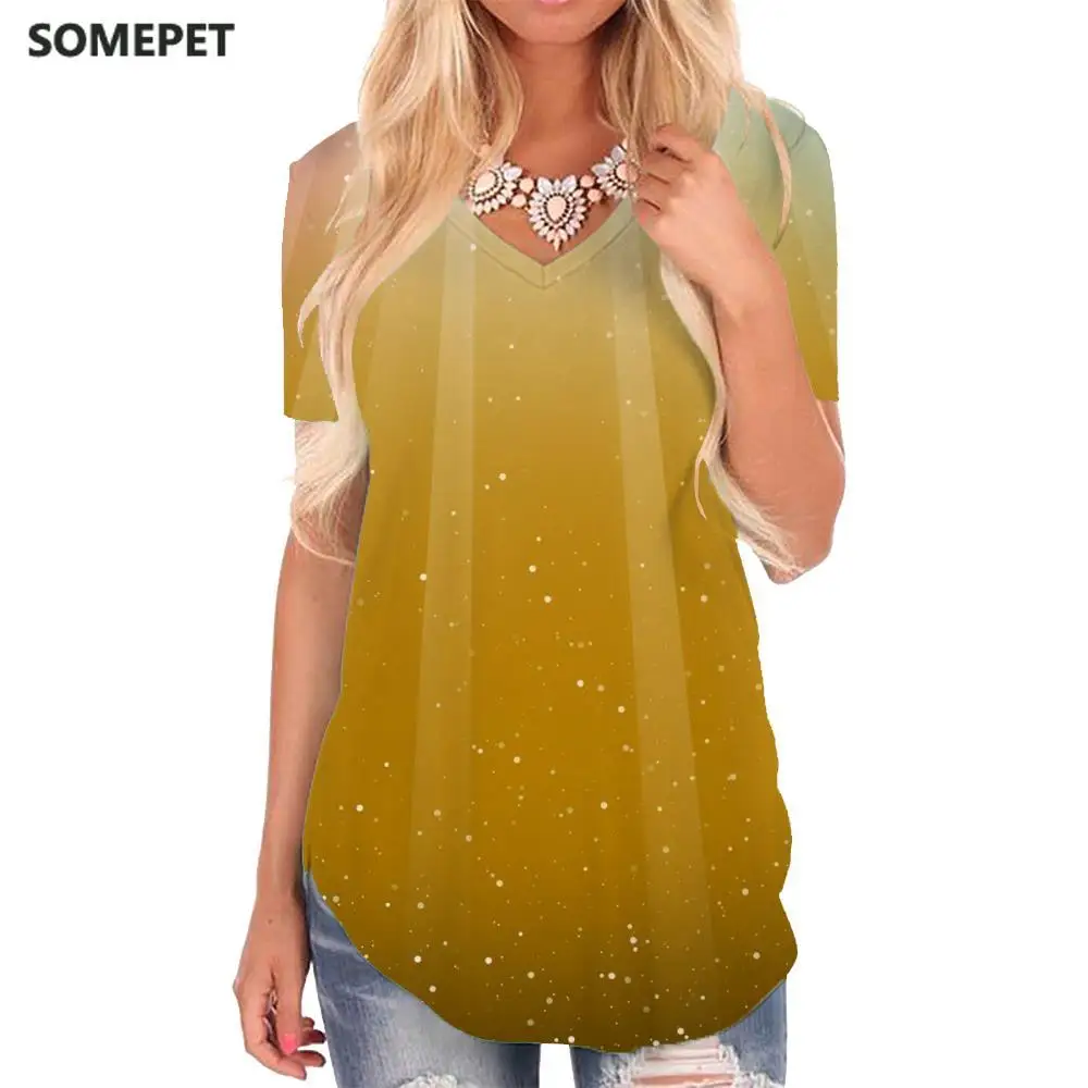 

Psychedelic футболка, женские красочные смешные футболки, блестящая футболка с V-образным вырезом, женская одежда, модные повседневные топы, улич...