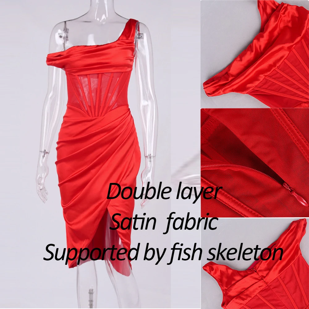 High Quality Satin Bodycon Dress Elegant Women Party Dress 2021 Red Off The Shoulder Sexy Dress Celebrity Evening Night Dresses