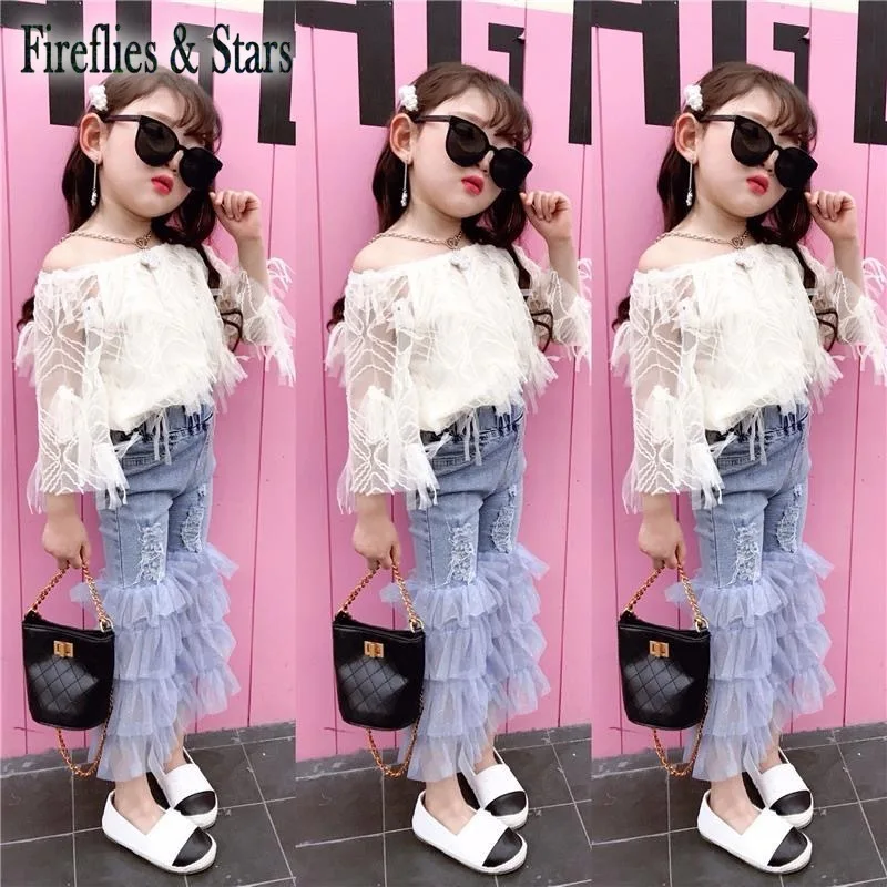 Весенний комплект из 2 предметов для девочек блузка + джинсовые штаны Детский