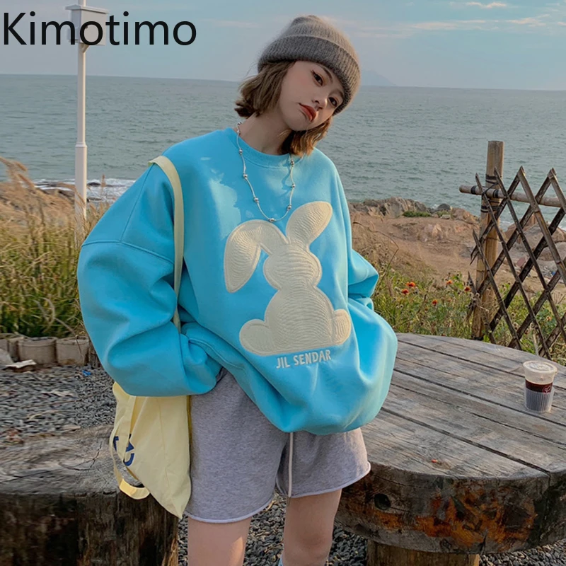 

Kimotimo Cartoon Embroidery Sweatshirt Women Korean Chic All-match Loose O-neck Pullover Autumn Winter Fashion Streetwear Coats