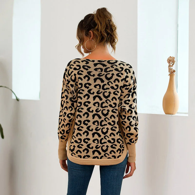 Женский свитер с длинным рукавом и леопардовым принтом Повседневный пуловер