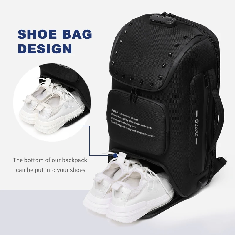 ozuko multifunction anti theft backpack for men fashion rivet teenager schoolbag male usb charge waterproof backpacks travel bag free global shipping
