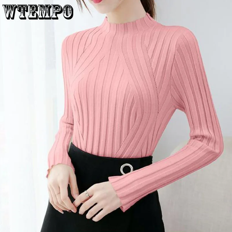 

Solid Turtleneck Knitted Bottoming Shirt Long-sleeved Tops Autumn Winter New Tight-fitting Thin Pit Sweater Women's Wild