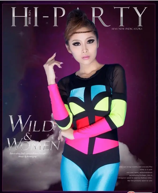 Женский сексуальный неоновый комбинезон в стиле пэчворк для диджея современные