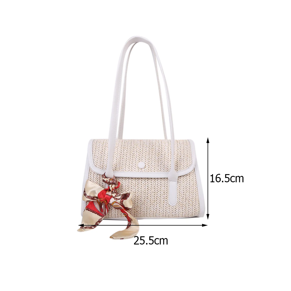 

Women Casual Handmade Woven Shoulder Handbags Leather Splicing Female Summer Beach Rattan Straw Shoulder Bags with Silk Scarf