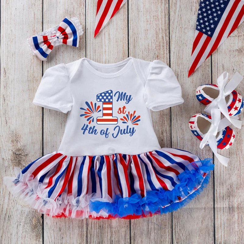 

Baby Girls Romper Tutu Dress 4th July Short Sleeve Bodyasuit Newborn Baby Kids 1st Birthday Party Outfits 3pcs Set Suit 12months