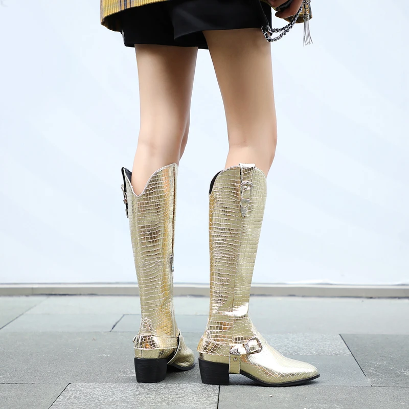 

Metal Decor Pointed Toe Women Long Boots Patent Leather Knee High Boot 5CM Chunky High Heel Botas Mujer 33-42