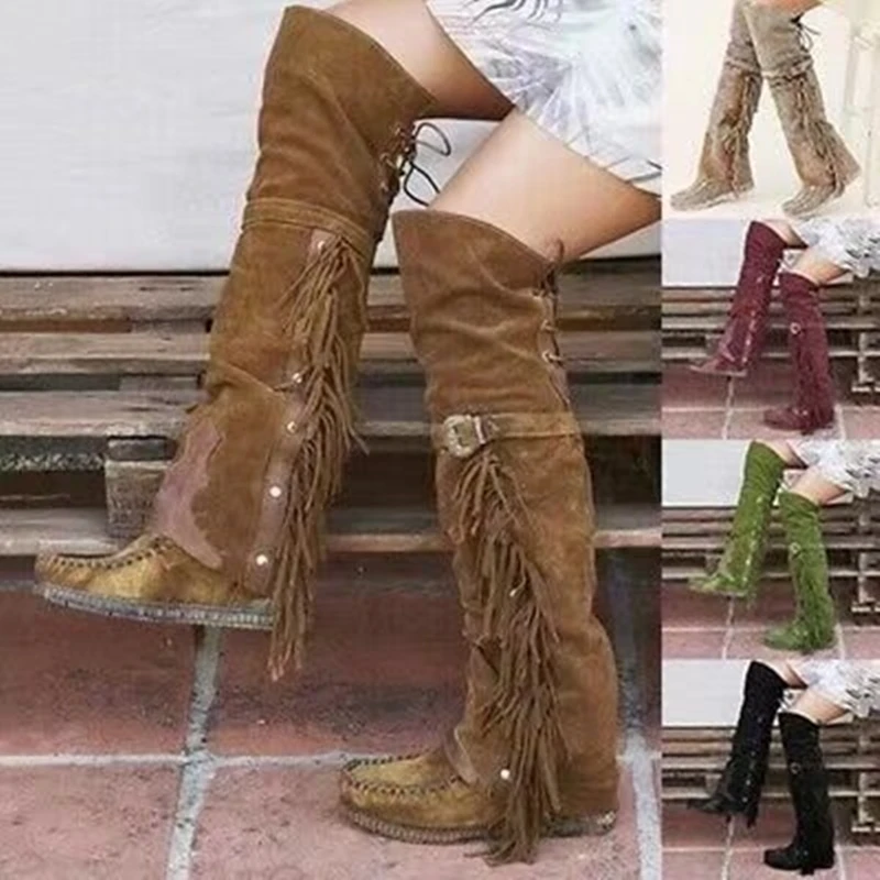 Замшевые Сапоги выше колена на плоской подошве Зимние сапоги с кисточками