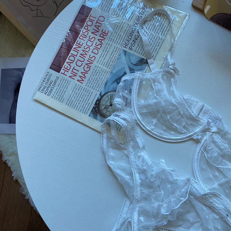 Sexy ultra-thin fairy underwear sets lace mesh intimate bow tie with steel ring gather underwear girl summer bralette panty