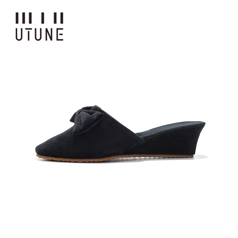 

UTUNE Bow-knot Pumps Women Mules Suede 5CM High Heels Elegant Ladies Simple Wedge Shoes Platform Female Dress Summer Autumn Grey