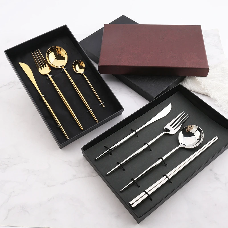 High Quality Gold Cutlery Set Stainless Steel Portable Dinnerware Set Mirror Polishing Food Steak Fork Spoon Knife Chopstick 1pc