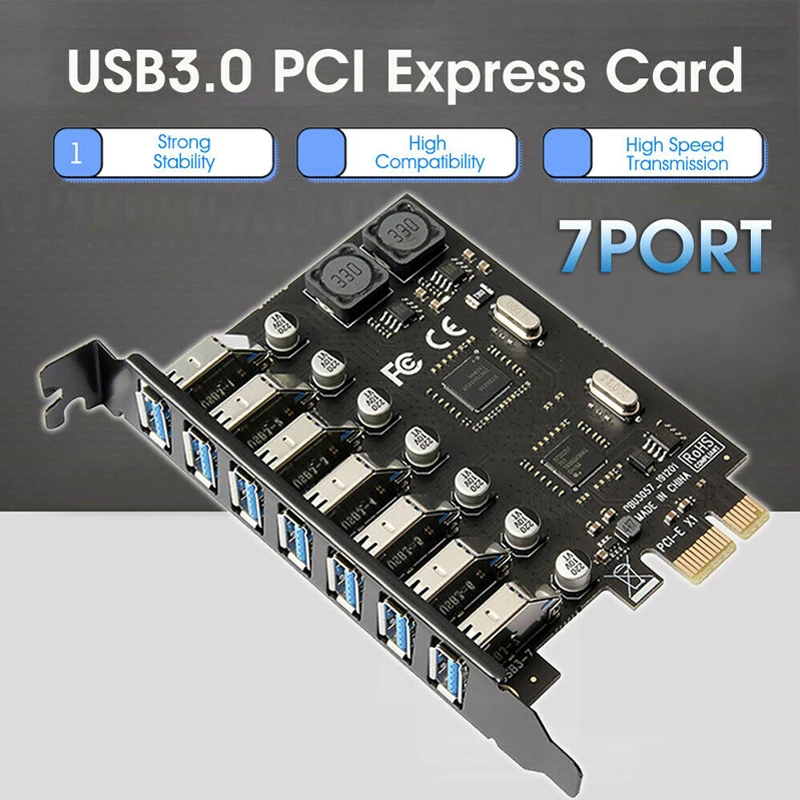 

Плата расширения PCI-E с 7 портами, контроллер внешнего адаптера USB 3,0, скорость передачи данных с двумя модулями питания