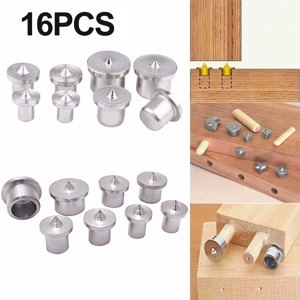 16Pcs Dowel Centre Point 6-12mm Marker Hole Tenon Woodworking Round Tenon Round Pin Positioner（8ps Solid + 8pcs Hollow）