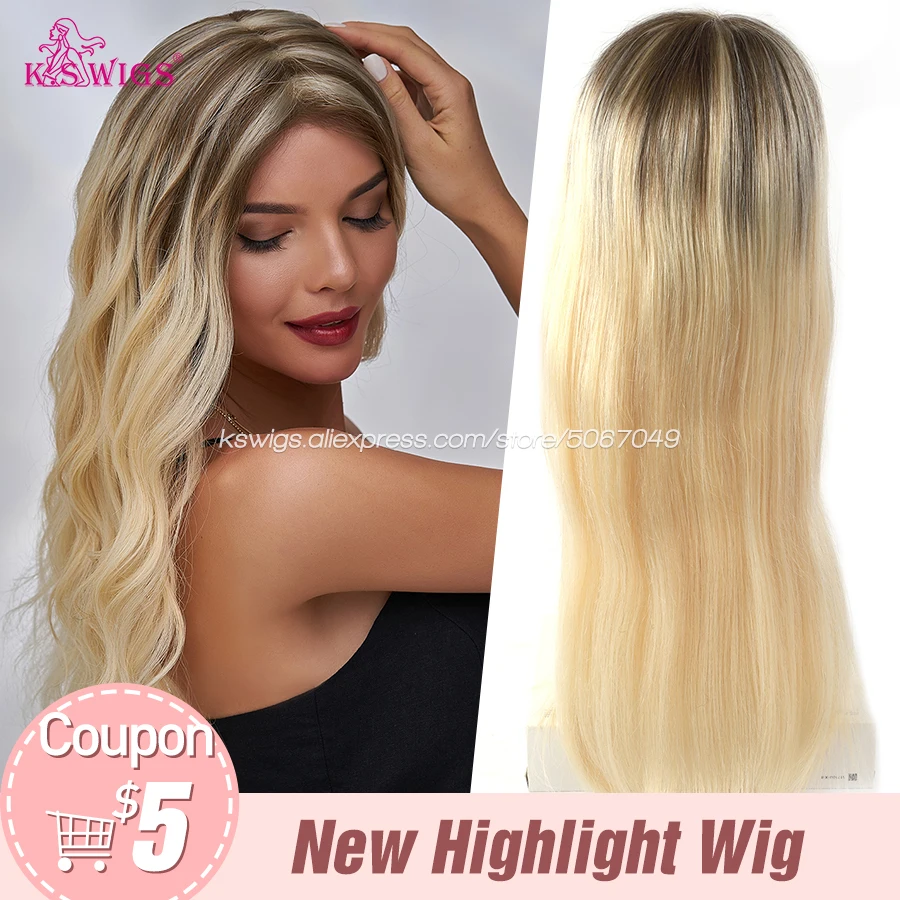 K.S WIGS 24'' Highlight Wig 13x6 Brown Blonde Ombre Straight Lace Front Wig Natural Hairline Lace Frontal Remy Human Hair Wigs