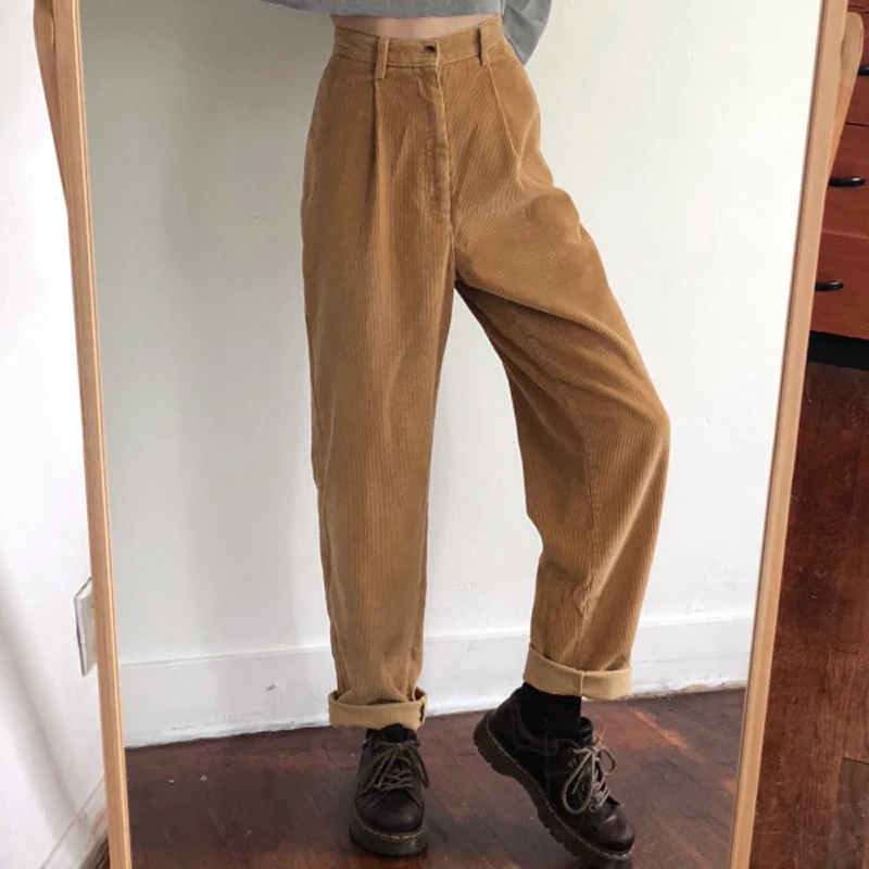 

Women High Waist Loose Corduroy Pants Spring Fashion Boyfriends Vintage Wide Leg Pants New Staight Casual Sport Pocket Trousers
