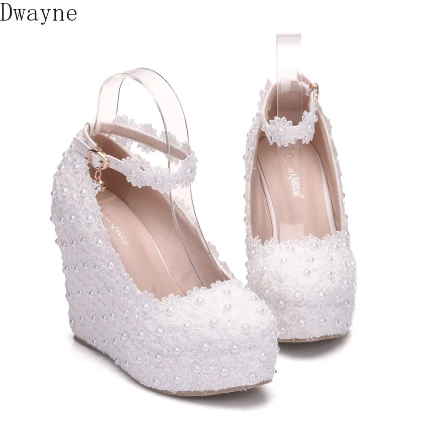 2019 г. Весенние белые свадебные туфли на шнуровке женская обувь танкетке с пряжкой
