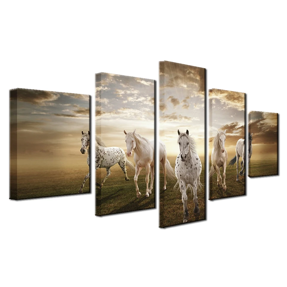 Холст Картины Wall Art рамка Декор в гостиную 5 шт. бег конь фотографии модульный HD с