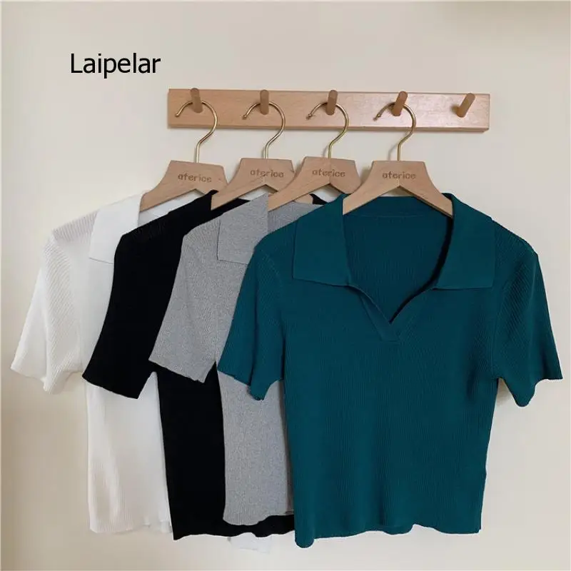 

2021 Summer New V-Neck Polo Shirt Slim Knit Short Sleeve T-Shirt Women's Design Short Top