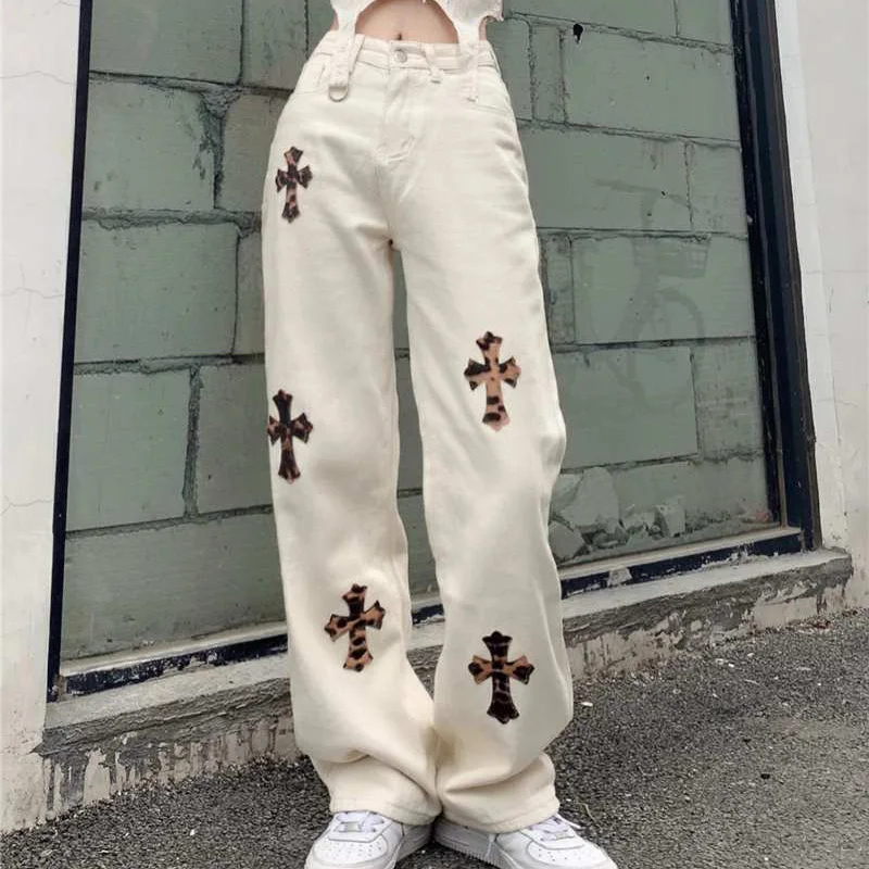 

New Leopard Print Retro Washed Jeans Harajuku Style Fried Street Casual Pants Women's Autumn Mopping Pants Straight Leg Pants