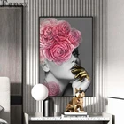Современная картина маслом на холсте с изображением цветка на голове с золотом для женщин, скандинавский постер, Настенная картина для гостиной, домашний декор