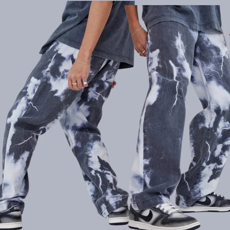 

SHZQ Jeans Men Statue Printed Harajuku Fashion Brand Street Casual Loose Khaki Jeans Washing Motorcycle Pants